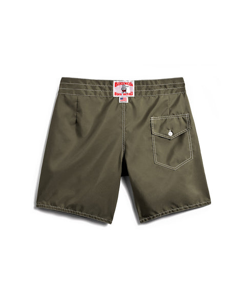 Back View of 300 Boardshorts in Dark Olive. License Plate label on waistband with made in USA label beneath. Solid white background.