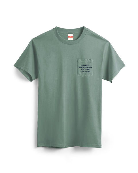 Green t-shirt with a small logo on a white background