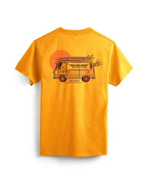 Yellow t-shirt with a graphic of a van and text on the back, on a white background