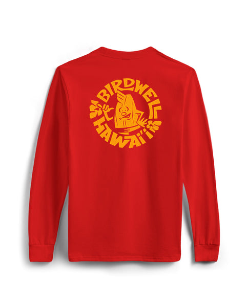 Red long-sleeve shirt with yellow graphic and text on a white background