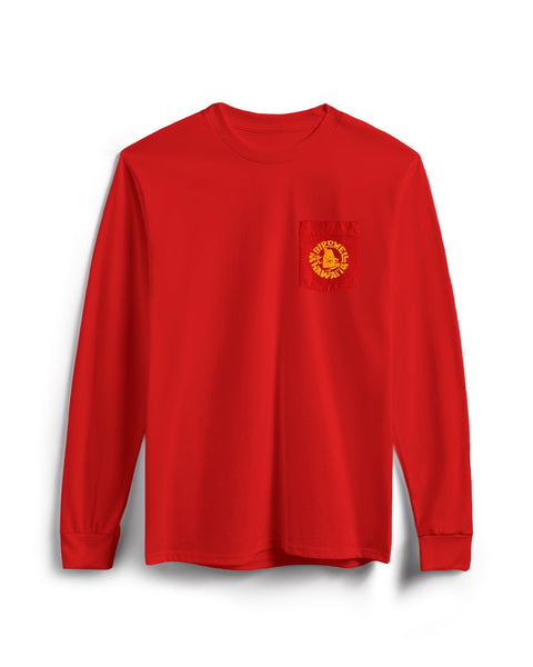 Red long-sleeve shirt with a yellow logo on a white background