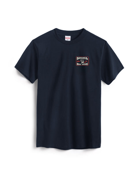 A plain navy heavyweight t-shirt made from 100% cotton, featuring a small Birddell Brawn & Bones logo in red, white, and tan on the left chest. The Hangtag T-Shirt - Navy is displayed on a white background.