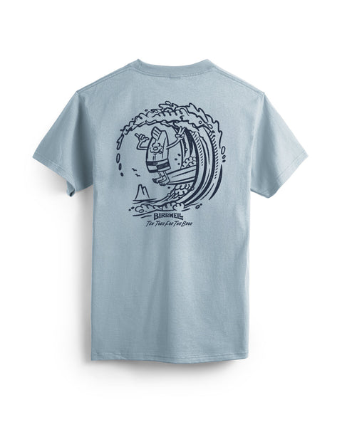 The Bros T-Shirt - Arctic Blue is a cotton heavyweight tee featuring a navy cartoon of a bearded man surfing in a wave on the back, with 