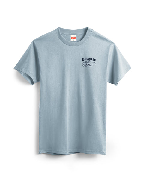 The Bros T-Shirt in Arctic Blue is a cotton heavyweight t-shirt featuring a small Birdwell logo and bird graphic on the left chest, shown against a plain white background.