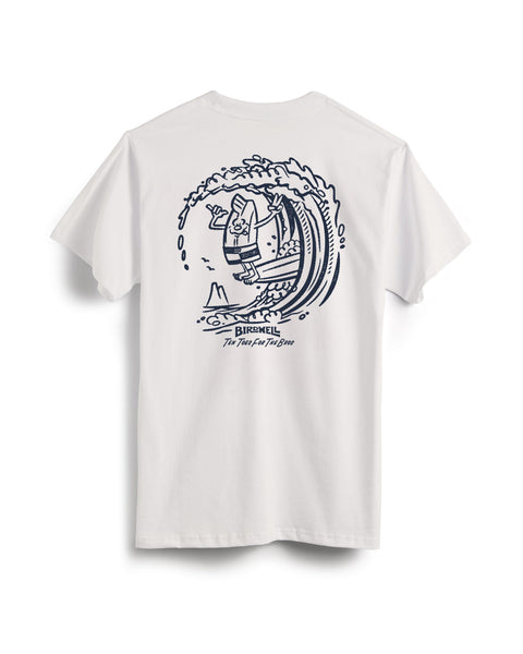 The Bros T-Shirt - Vintage White is garment-dyed and heavyweight, featuring a navy blue cartoon of a surfing hot dog with “BIRCHMEL The Fast Lane for Brats.” text below the back graphic.