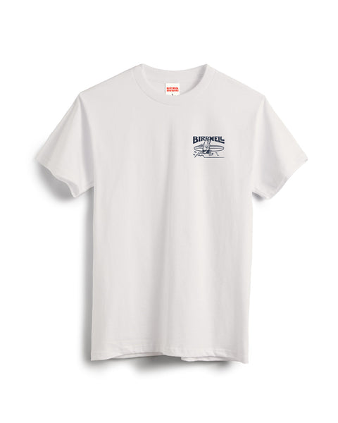 The Bros T-Shirt - Vintage White is a plain white, short-sleeve cotton tee with a small blue BIRDWELL bird-on-branch graphic on the left chest, garment-dyed for added charm. Displayed on a white background.