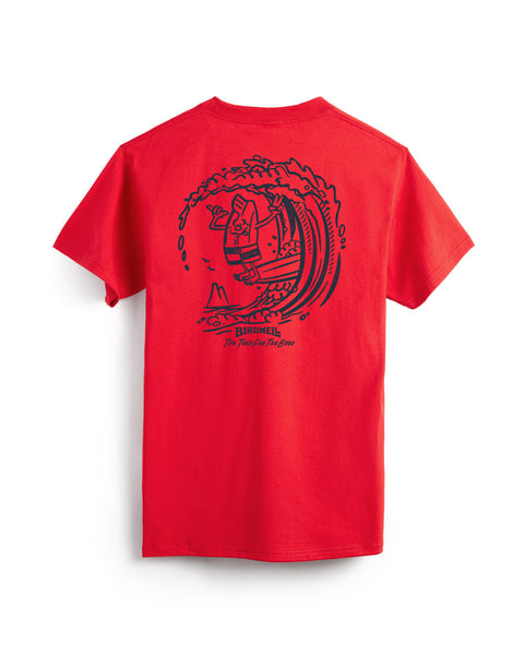 The Bros T-Shirt - Fuji Red is a short-sleeve cotton heavyweight tee featuring a navy blue line drawing of a surfer on the back with “BIRDWELL” and “The First, The Last, The Only.” printed below the image.