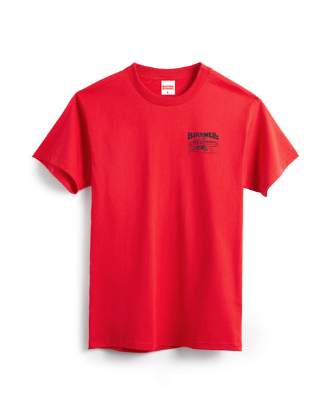 The Bros T-Shirt - Fuji Red is a bright red, garment-dyed, heavyweight cotton tee featuring a small navy blue BIRDWELL graphic on the left chest. This pre-shrunk shirt is displayed laid flat on a white background.
