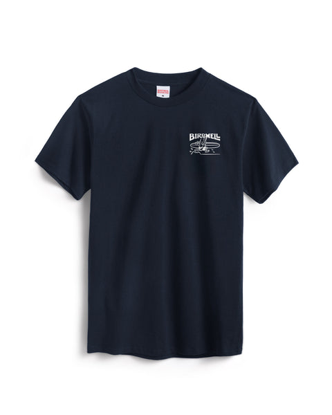 A navy cotton heavyweight Bros T-Shirt with a small white graphic and the word BIRDWELL on the left chest, displayed on a white background.