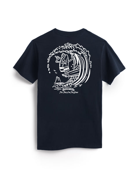 The Bros T-Shirt - Navy is a heavyweight cotton tee featuring a white back graphic of a surfer on a wave, with “BIRDWELL” and “The Thin Fun Phil Crew” printed below.