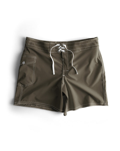 806 SurfStretch Side Pocket Boardshorts - Army in olive green, featuring white stitching, a front lace-up closure, and a button-flap side pocket, displayed flat on a white background.