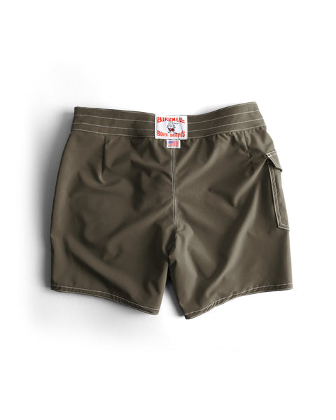 Army green men's 806 SurfStretch Side Pocket Boardshorts featuring white stitching, a side pocket, and Birdswell brand tag at the waistband. Made in the USA, displayed on a white background.
