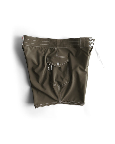 The 806 SurfStretch Side Pocket Boardshorts in Army feature white stitching, a front flap pocket with a button, and a lace-up drawstring waistband, shown on a white background.