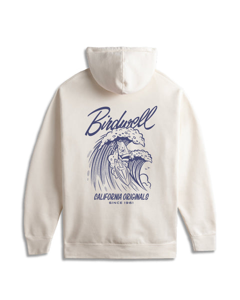 Bone Hoodie with Navy Graphic of Birdie surfing on wave with surfboard, birdwell logo above and text with California Originals Since 1961 below the illustration.