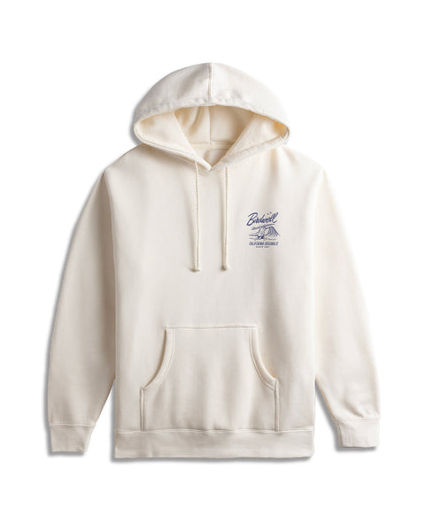 Bone Hoodie with White Graphic of Birdie Running into Wave with surfboard, birdwell logo above screen printed in navy.
