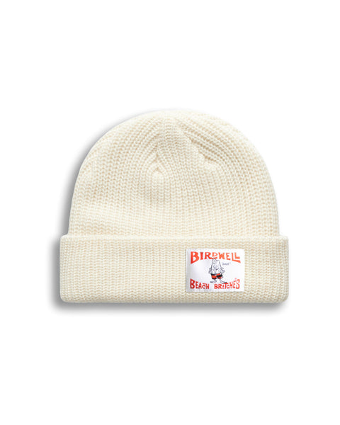 Bone Watch Cap Beanie with White License Plate Logo, featuring Birdwell Beach Britches in Red lettering on a white background